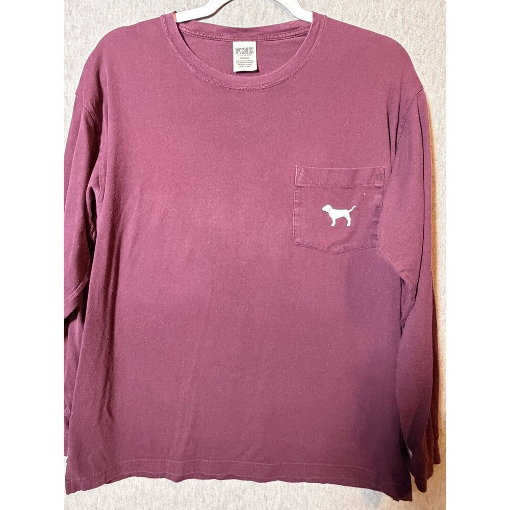 PINK Victoria's Secret Women's M Maroon Long Sleeve Pocket T-Shirt Dog Logo Tee